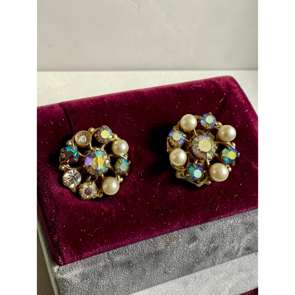 Vintage Blue AB Rhinestone Faux Pearl Gold Tone Clip On Cluster Earrings